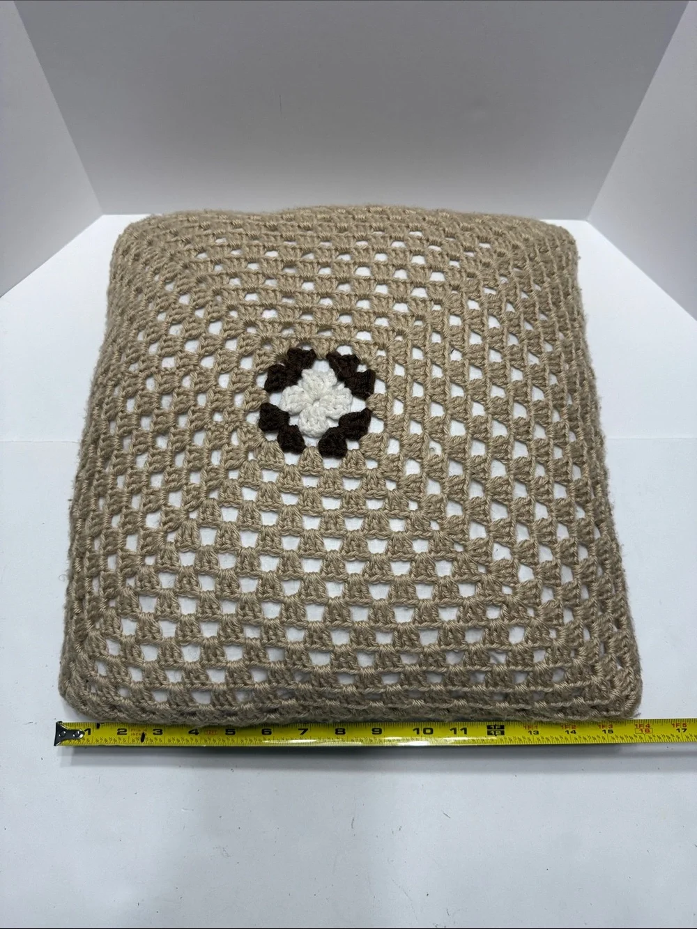 Neutral Crochet Square Pillow with Center Flower Motif